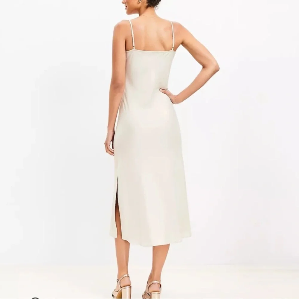 Loft NWT Small Champagne Beige Satin Silky Slip Midi Dress Draped Neck‎ - Picture 3 of 14